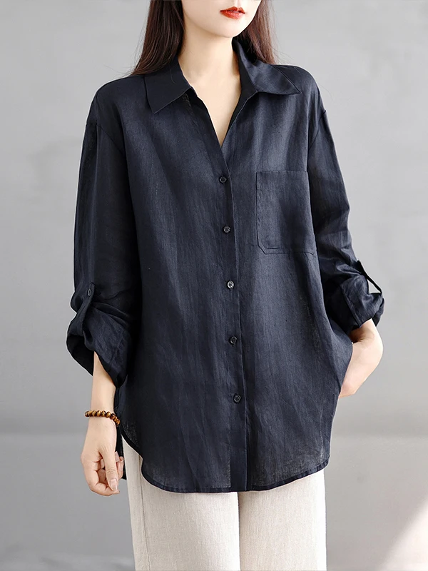 Colletto retrò Lungo Sve Cotone Lino irt Donna Autunno Pendolarismo Allentato Casual Bottone Roll up Sve irt Top
