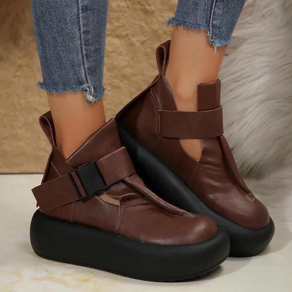Runde Kappe Dicke Sohle Leder Retro Flache Plattform Schuhe frauen Freizeit Römischen Retro Stiefeletten Anti-Slip Zapatillas de Mujer