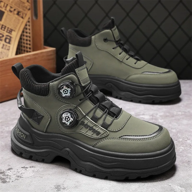 

Зеленые мотоциклетные ботинки с ручкой, мужские ботильоны на нескользящей платформе, уличные байкерские ботинки, мужские рабочие ботинки botas para hombre