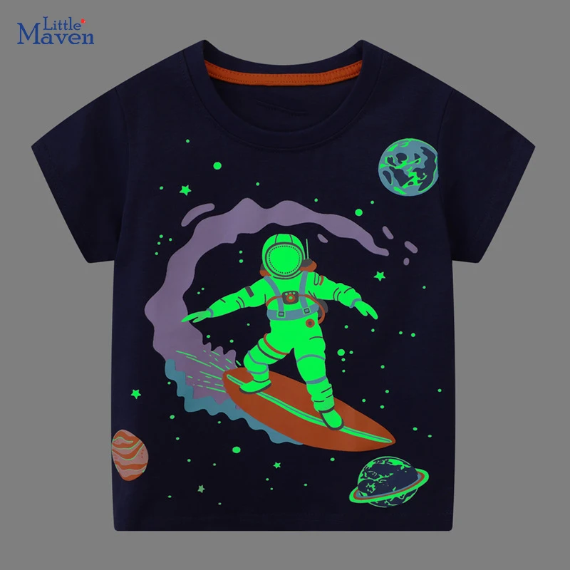 Little maven Baby Boys Children\'s Clothing Tops Tees 2024 Summer Luminous Cartoon Space Astronaut T Shirts Teenagers  t-shirts