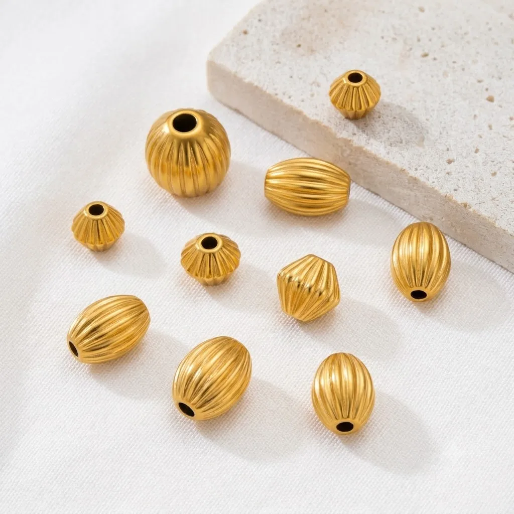 10PCS/Lot Stainless Steel Bead Gold Plated Corrugated Round Spacer Beads For DIY Bracelets Necklaces Making Jewelry Components
