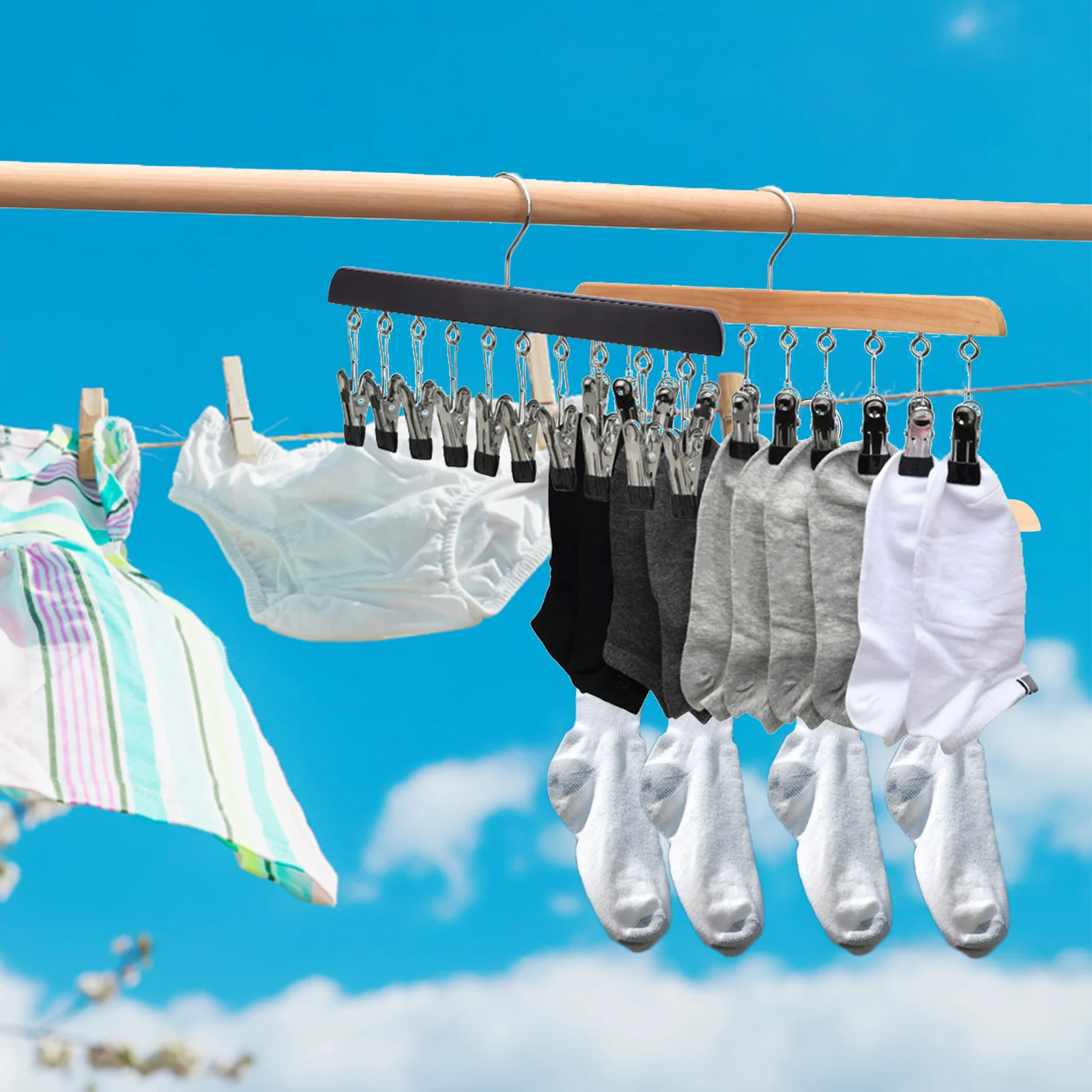 

Clothes Hanger 10 Clip Sturdy Stainless Steel Wood Sock Drying Rack for Home Balcony Underwear Bras Scarves Hanging Drying Rack