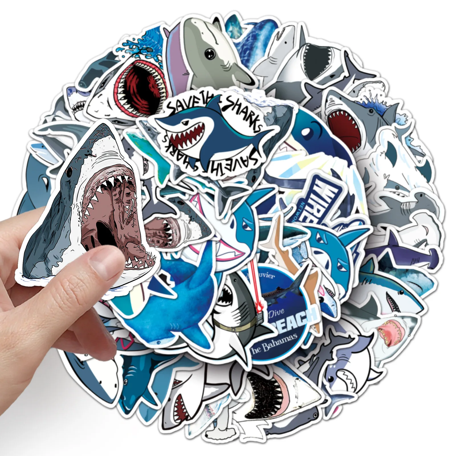 50PCS Shark Stickers Cartoon Ferocious Sea Animals Graffiti Decoration DIY Suitcase Toys Fridge Laptop Water Cup Guitar Decals