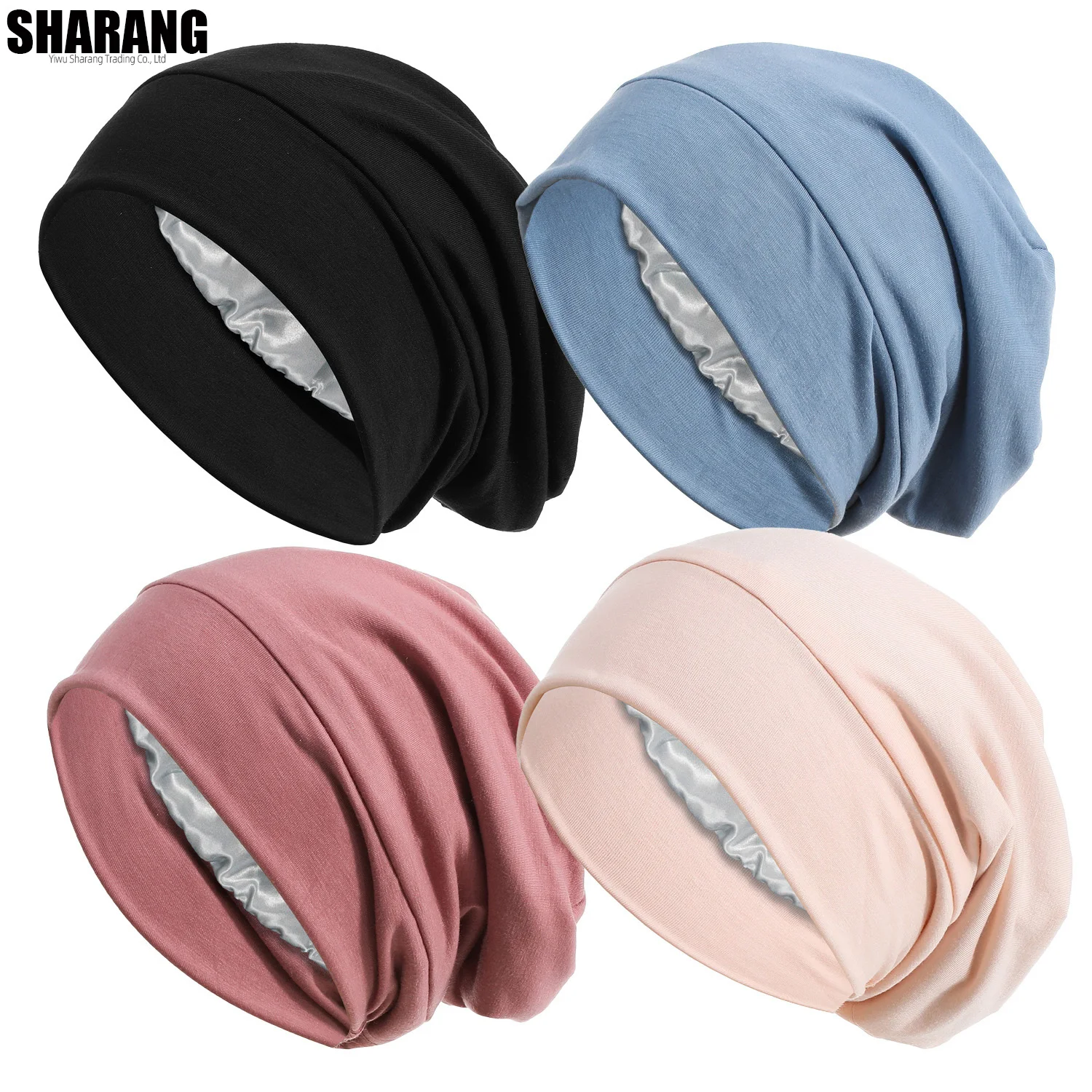 

4Pcs Set Modal Soft Satin Lining Muslim Turban Hat Women Sleep Cap Cancer Chemo Hat Beanie Headwrap Hair Loss Bonnet Arab India