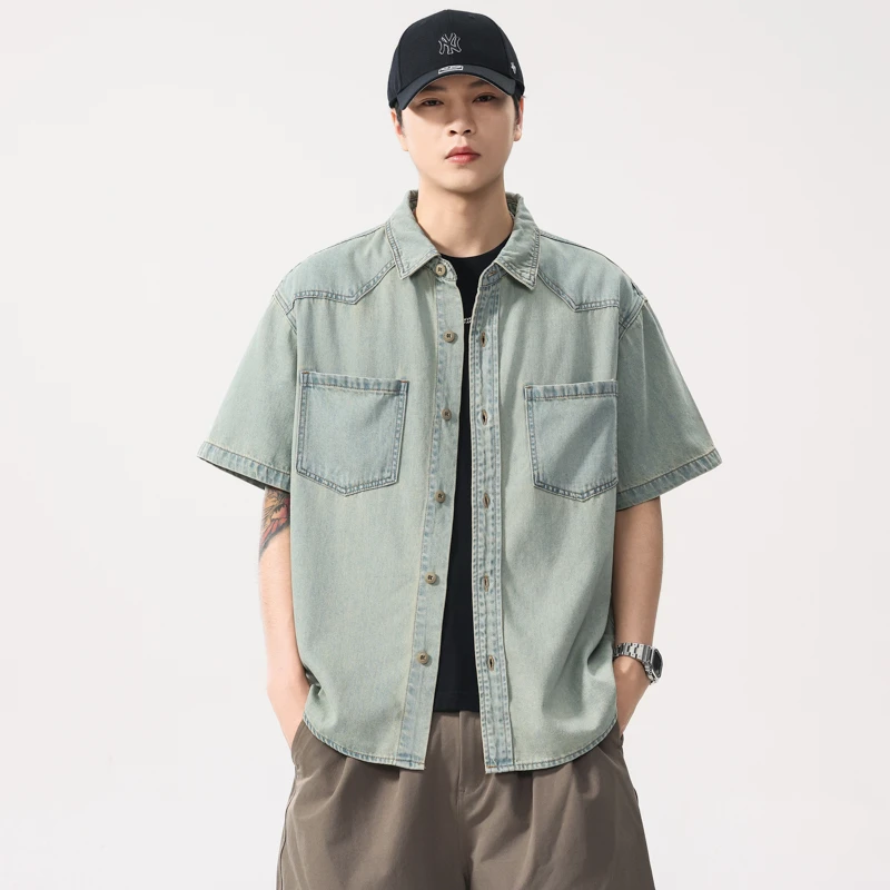 

Men Summer Lightweight Thin Fashion Loose Casual Plus Size Vintage Washed Denim Short Sleeve Jeans Cargo Shirts Cityboy Blouses