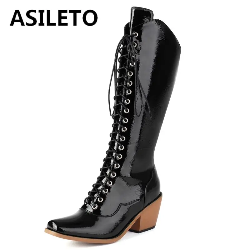 

ASILETO 2024 New Roman Women Knee High Boots Square Toe Chunky Heels Lace Up Big Size 40 41 Leisure Retro Ridding Western Bota