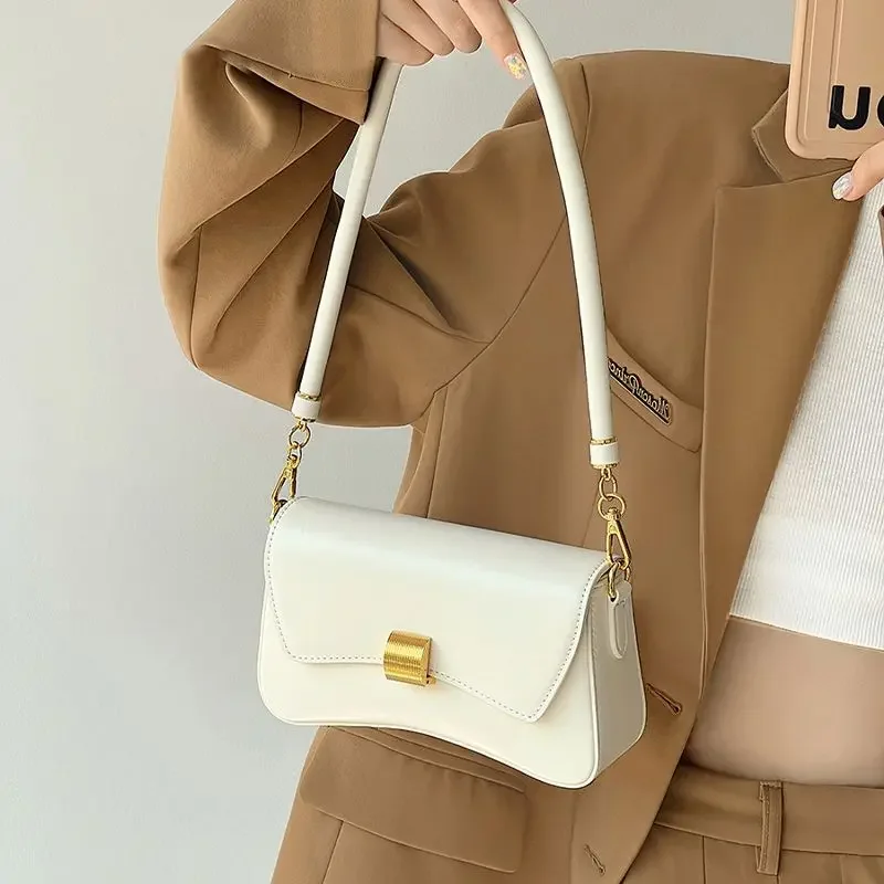 Black women\'s crossbody bag simple PU leather shoulder bag 2024 new casual white flip small handbag luxury armpit bag