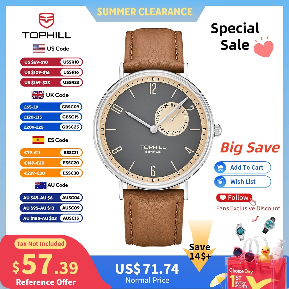 TOPHILL 40 mm ultradünnes Gehäuse VD72 Quarzuhren für Herren, sauberes, schlichtes Zifferblatt-Design, Lederarmband, Saphirglas, 5 ATM, TS016G.C