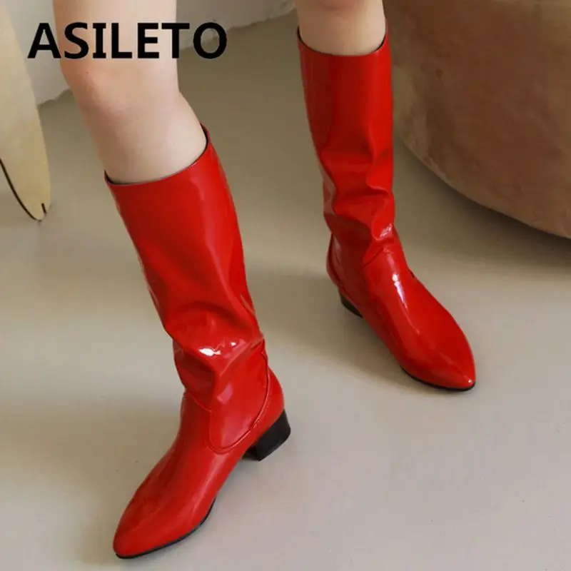 

ASILETO 2025 Luxury Shiny Women Knee High Boots Pointed Toe Mid Heels 3.5cm Slip On Big Size 41 42 43 Sexy Female Dating Bota