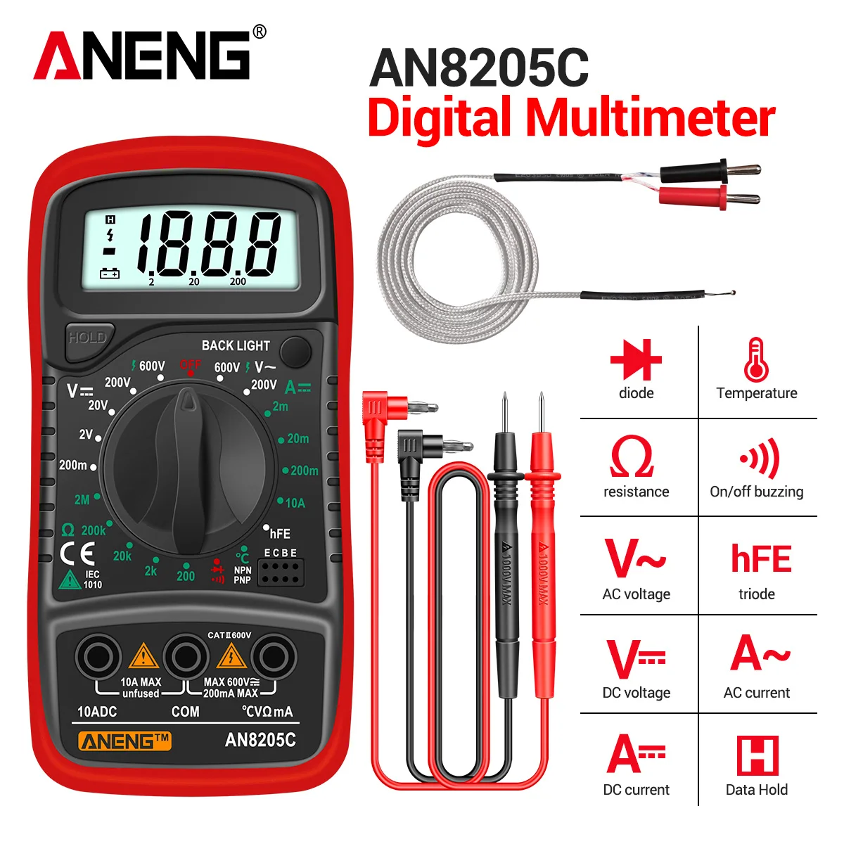 Aneng An8205c Digitale Tester Ac/Dc Ampèremeter Multimeter Volt Ohm Multimetro Meter Met Thermokoppel Lcd Backlight Draagbare Tools