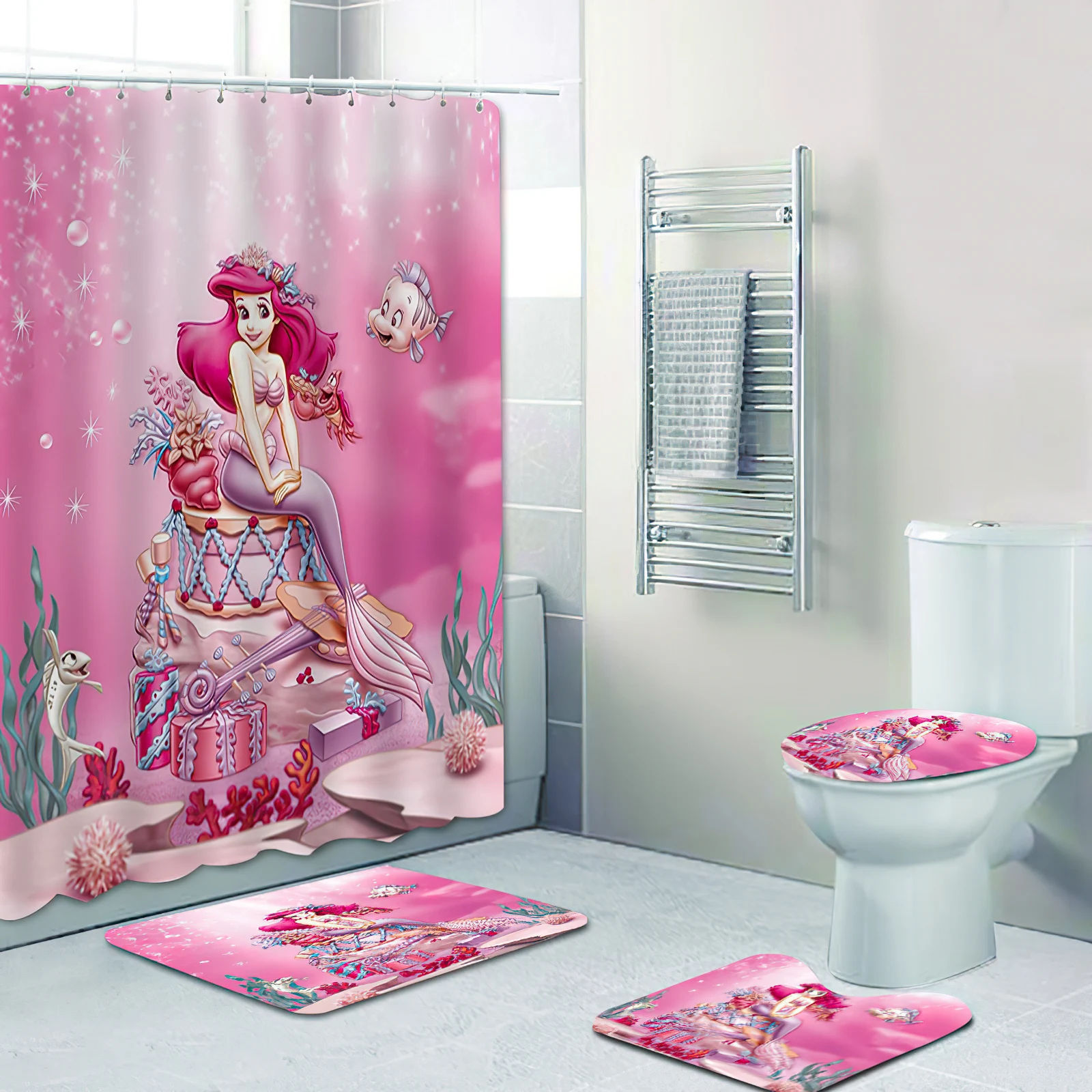 Cartoon Disney Little Mermaid 4 Piece Mats Bathroom Set Accessories Decorations And Shower Sets Full Curtain Bath & Items