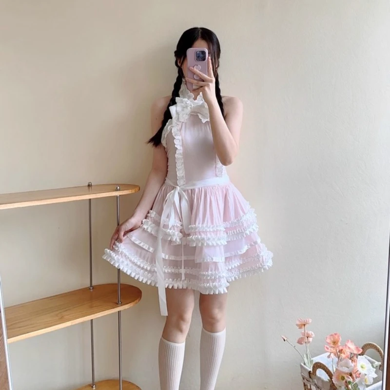 2025 verão novo rosa em camadas pesado artesanato feminino bolo vestido design coreano doce bonito idade-reduzindo arco sem mangas vestidos senhoras