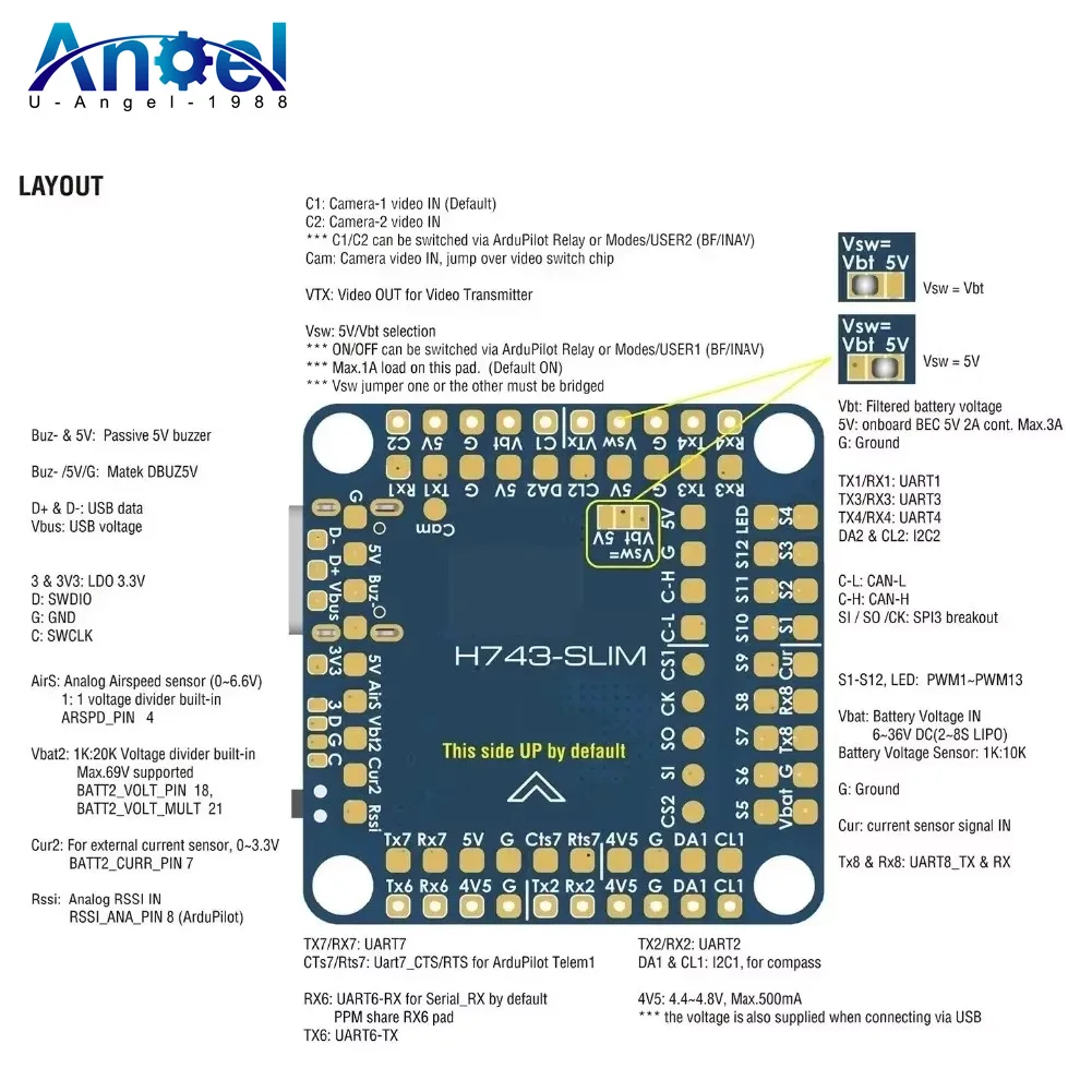 

H743 WING V3 3-8S /H743 SLIM V3 STM32H743VIT6 5V 2A BEC 2-8S F7 Flight Controller for FPV RC Racing Drone Model
