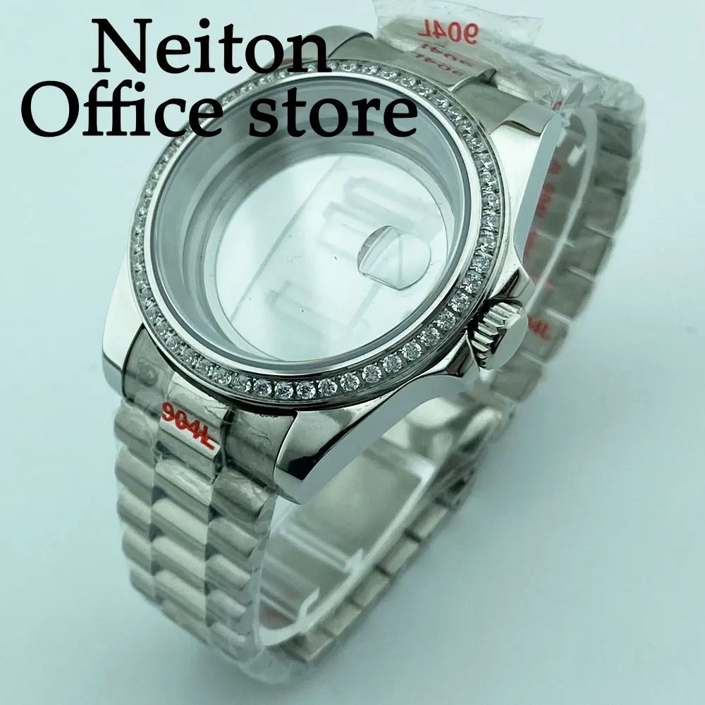 

NEITON 40mm sapphire glass silver watch case gemstone bezel fit NH35 NH36 NH34 ETA2824 PT5000 movement