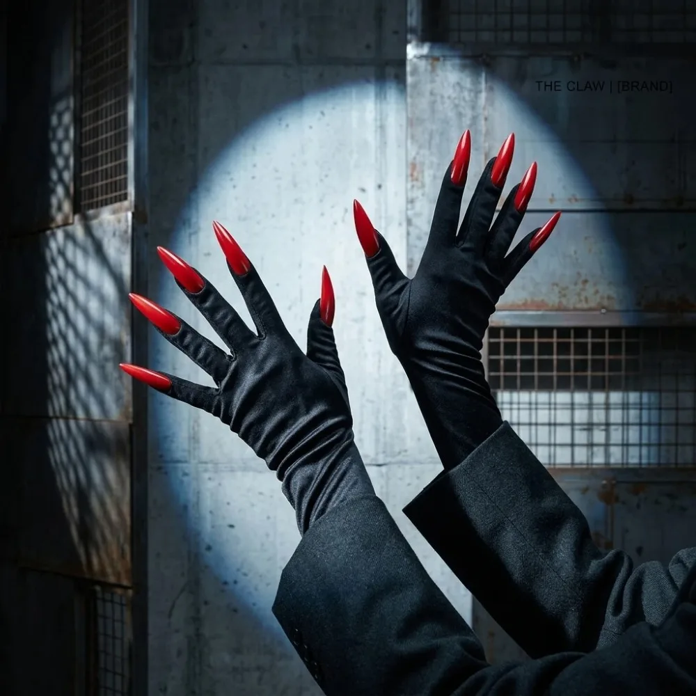 Long Black Stretch Gloves Long Sharp Nails Claw Fingertip Gloves Halloween Witch Demon Cosplay Gloves Horror Party Costume Accessory