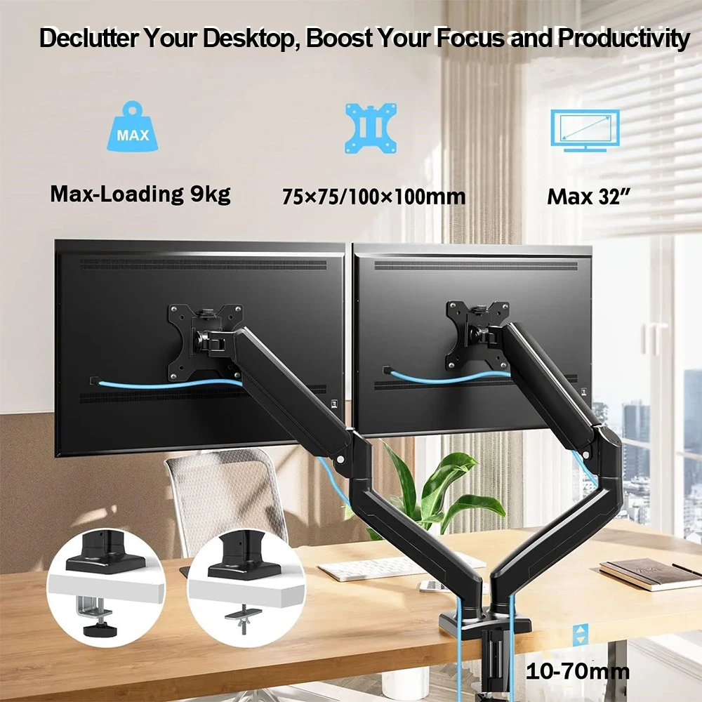 Dual Monitor up to 32 inches and 19.8 lbs per Screen Mechanical Arm Desk Mount VESA 100x100mm Height Adjustable Monitor Stand