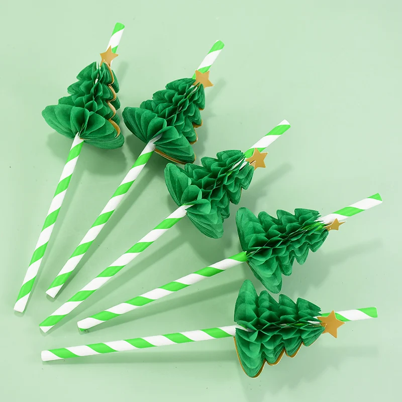 10pcs Christmas Paper Straws Honeycomb Christmas Tree Shape Cake Toppers Drink Fruit Picks Decoration Birthday Xmas Party Supply