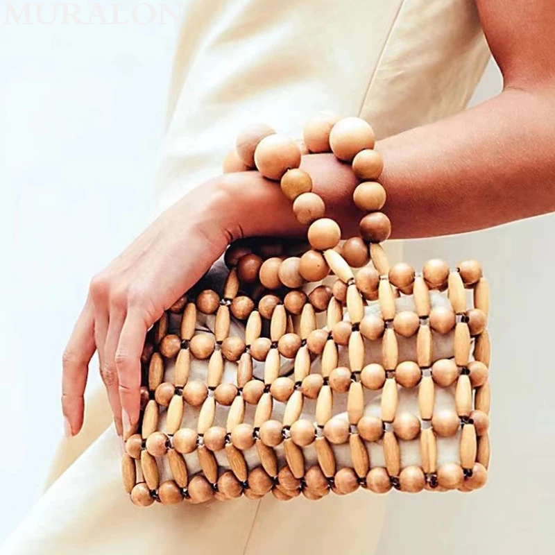 Vintage Wooden Beads Hollowed Out Handheld Bag Versatile Casual Beach Vacation Handbag Elegant Coin Wallet