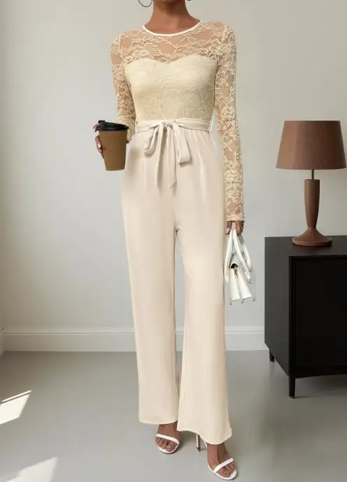 

Solid Color Loose Jumpsuit 2025 New Lace Patchwork Zipper Tie Jumpsuit for Women Comfortable Fit Jumpsuit