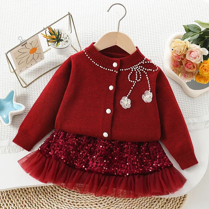 2025 New Autumn 2-6Yrs Children Clothes Set Long Sleeved Knitted Cardigan Coat+Mesh Short Skirt Baby Girl Knitted Clothes Suit
