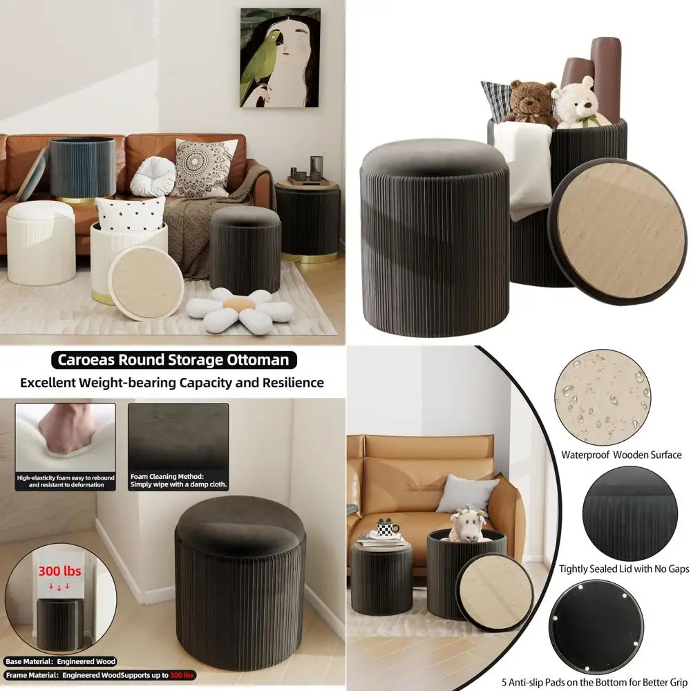 

Pair of Black Velvet Storage Ottomans with Upholstery, Ideal for Makeup Vanity, Living Room, and Bedroom Use