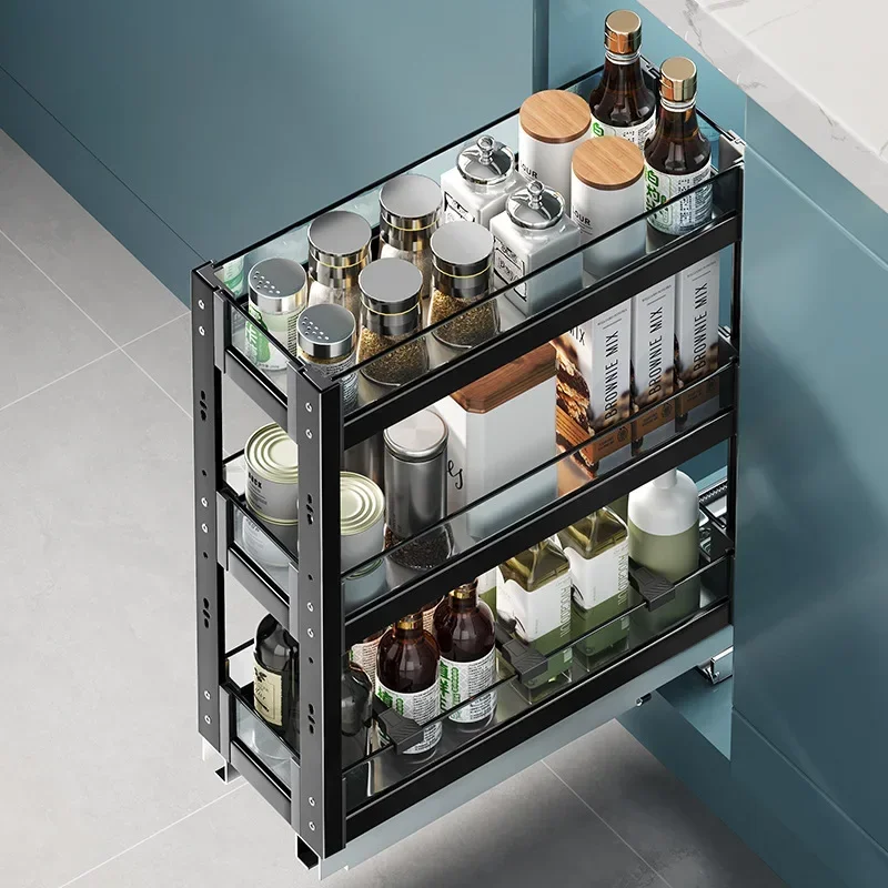 Kitchen Narrow Cabinet Drawer Condiments Seasoning Pull Basket Pull-Out Storage Rack Aluminum Alloy Narrow Cabinet Drawer Shelf