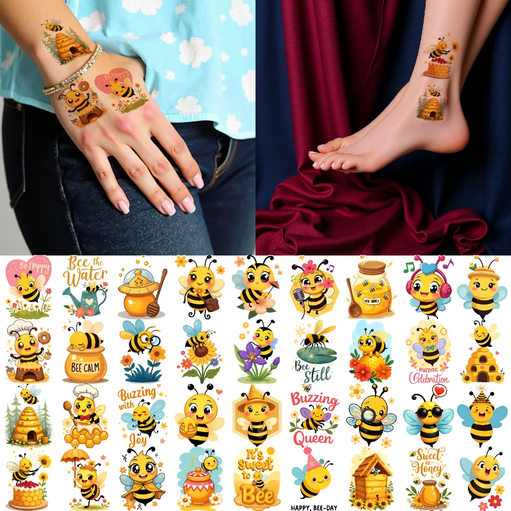 

63pcs Temporary Tattoo Honey Stickers Waterproof Long-lasting Body Stickers Bee Stickers Cartoon For Arms Men Cheeks