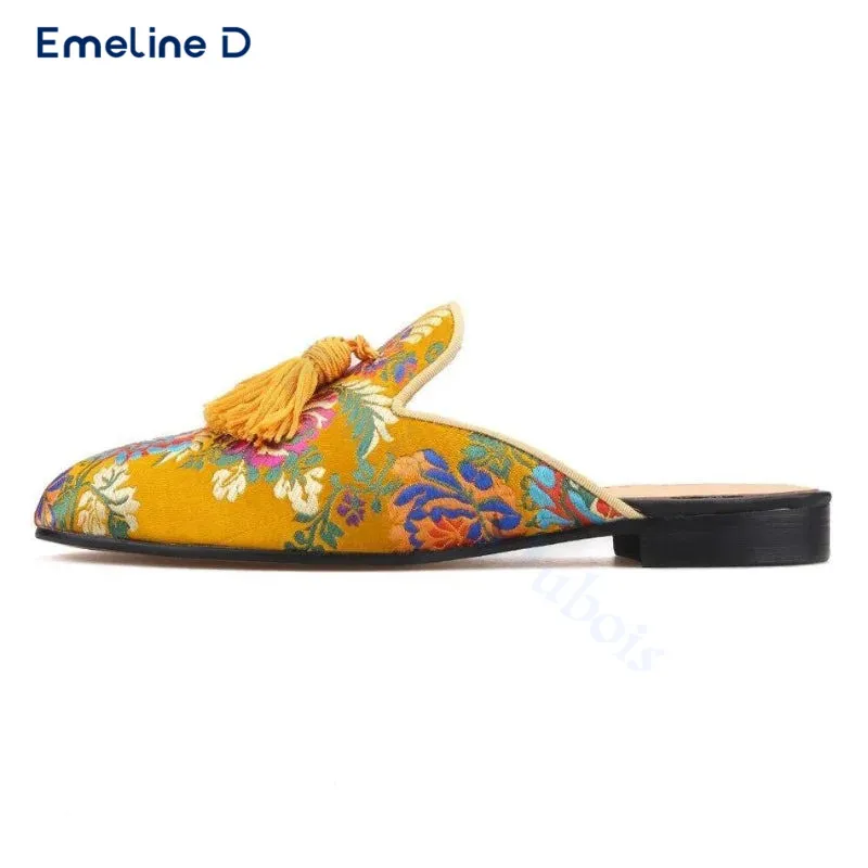 Yellow Tassel Slip-On Slippers with Flower Color Embroidery Personality Slippers Thick Heel Hollow Back Fashion Men's Shoes