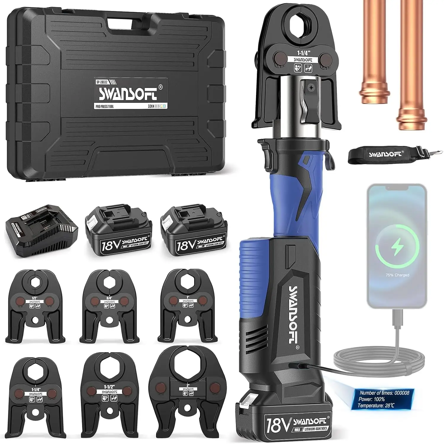 SWANSOFT 32kN Electric Copper Pipe Crimping Tool,VUS1/2