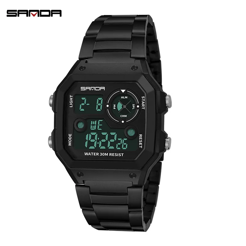 

SANDA 408 Square Dial Men's Sports Watch, Stainless Steel , Electronic Core, 30M Waterproof, Luminous Display, Date Week Watches
