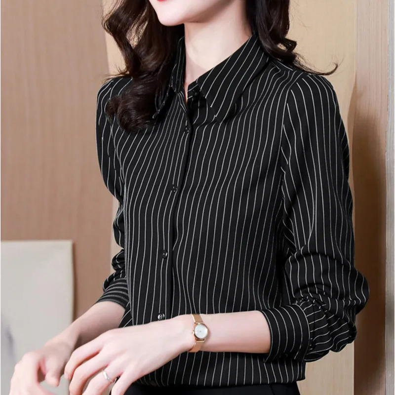 Fashion Striped Woman Shirts Chiffon Button Down Shirt for Women Autumn 2023 New Female Clothes Women\'s Long Sleeve Chiffon Tops