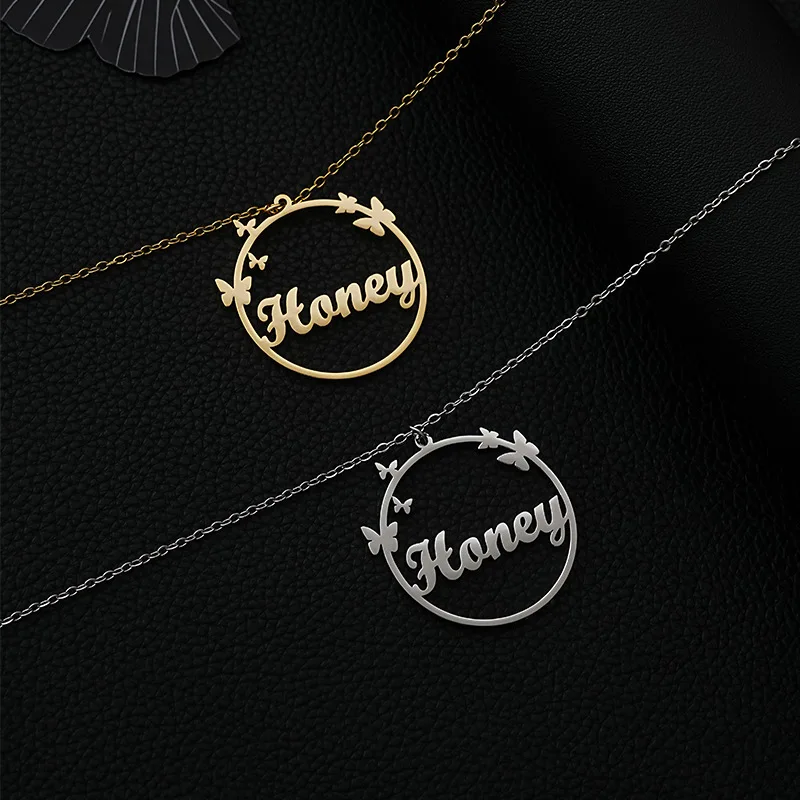 Lateefah Fashion Personalized Custom Name Stainless Steel Round  Wreath Butterfly Necklace