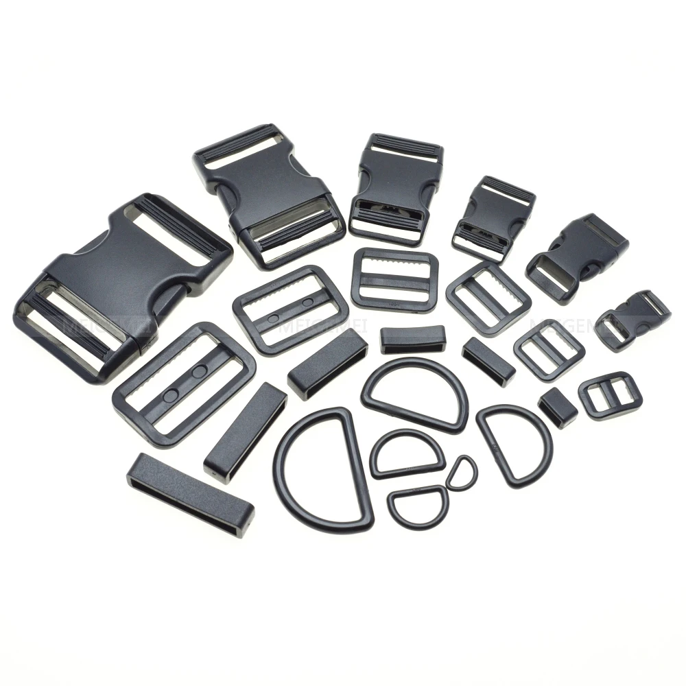 1 set 10mm 15mm 20mm 25mm 30mm 38mm Plastic Slider Adjustable D Rings Belt Loop Curved Side Release Buckles For Paracord