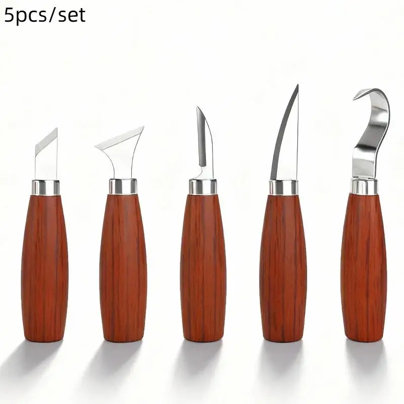 5Pcs Wood Carving Knife Set With Ergonomic Red Wood Handle Stainless Steel Blades For Whittling And DIY Crafts