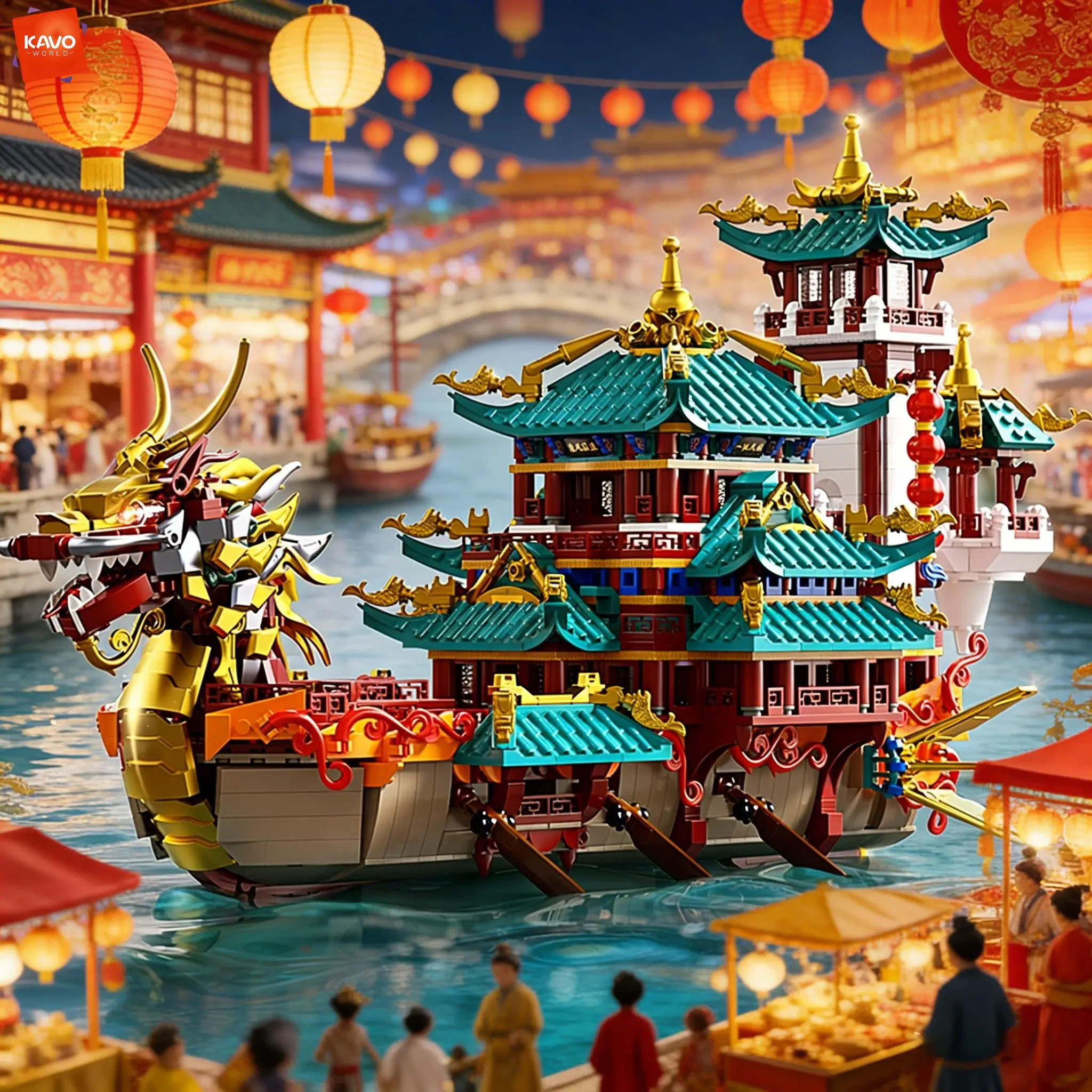 

Конструктор KAVOWORLD 2453 детали: Традиционная китайская лодка-дракон с золотой головой дракона и пагодой, развивающая игрушка для коллекции