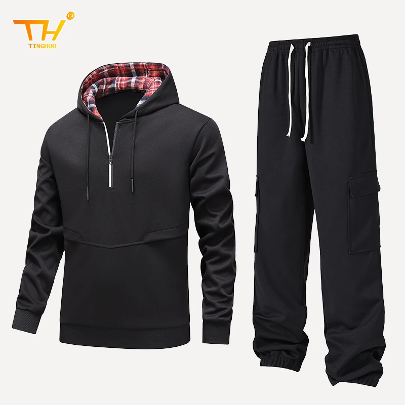 Setelan baju olahraga pria kotak-kotak, setelan baju Sweatshirt pria, kotak-kotak, Zip up, Hoodie + celana olahraga 2 potong, set baju latihan Gym, pelatihan, basket, Jogging