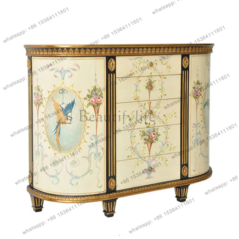 

American luxury beige storage cabinet hand-painted flower and bird light yellow entrance cabinet
