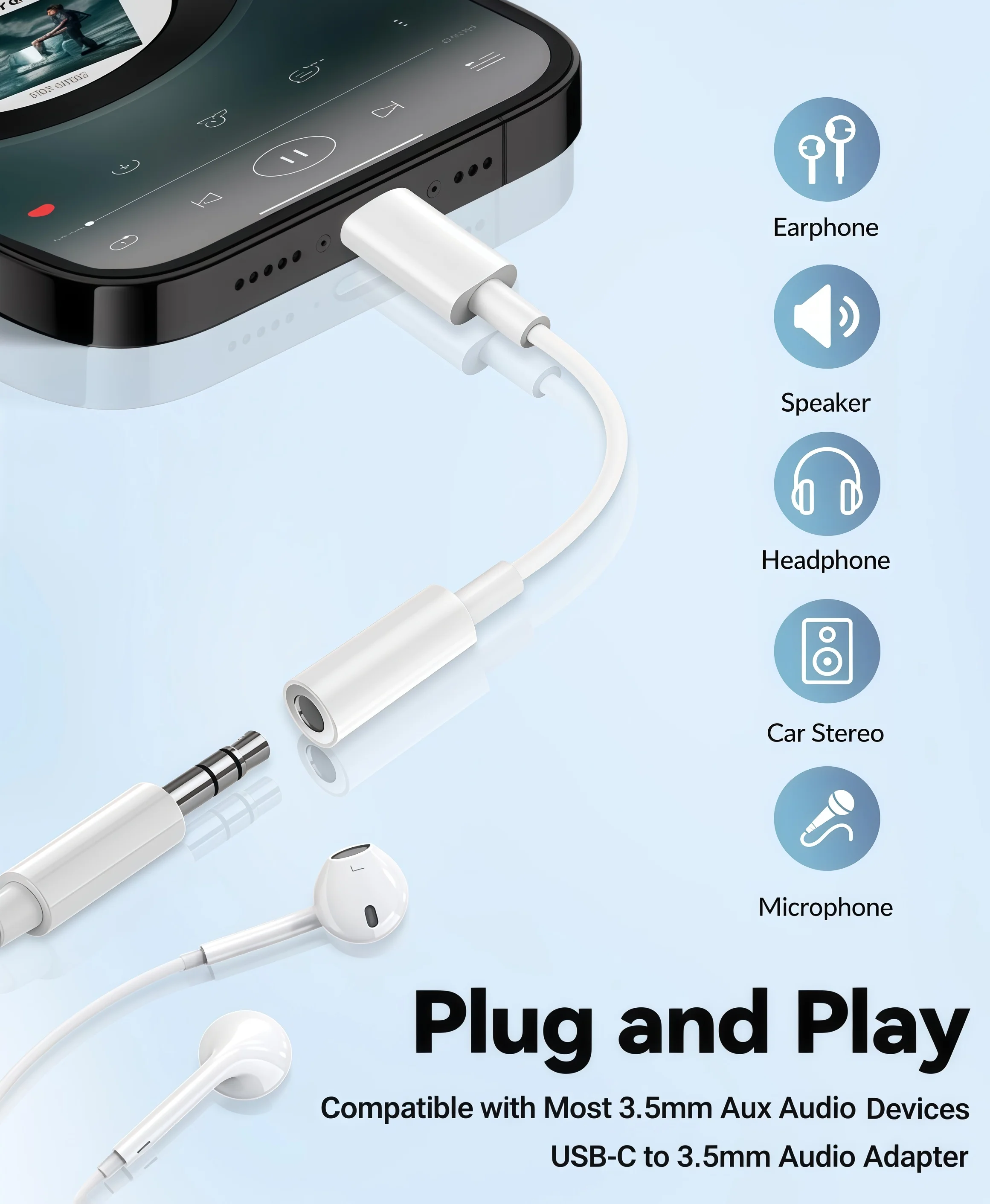 USB C to 3.5mm Headphone Jack Adapter Type C Audio Aux Cable Dongle Compatible with iPhone 16/15/15 Max/iPad And More
