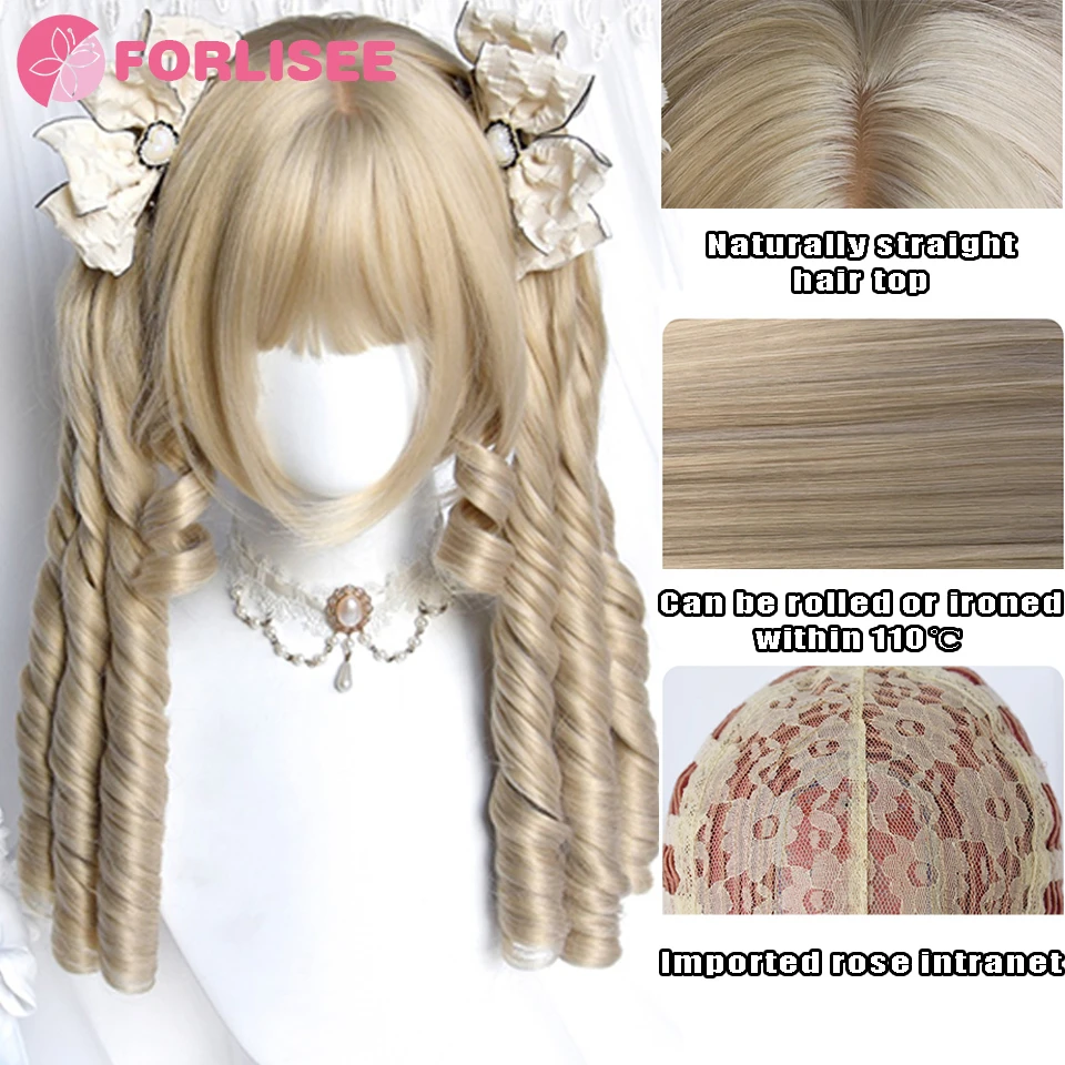 FORLISEE Synthetic Beige Gold Elegant Retro Roman Roll Double Ponytail Heat-resistant Fiber Women\'s Lolita Tiger Mouth Clip Wig