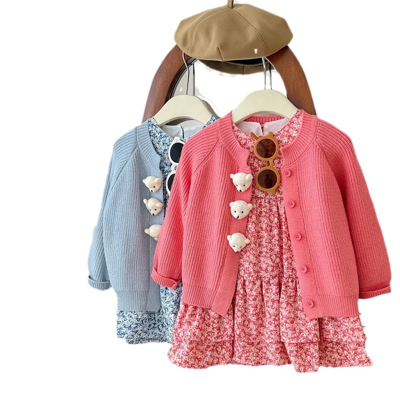 Girls flower dress set childrens spring and autumn new dress babys knitted cardigan two-piece set Girls Fashion Cotton Sets