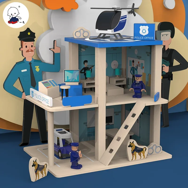 مكتب الشرطة الخشبي محطة الإطفاء للأولاد لتقوم بها بنفسك لعب الأدوار سيارة شاحنة إطفاء البناء اللبنات تجميعها منزل ألعاب أطفال