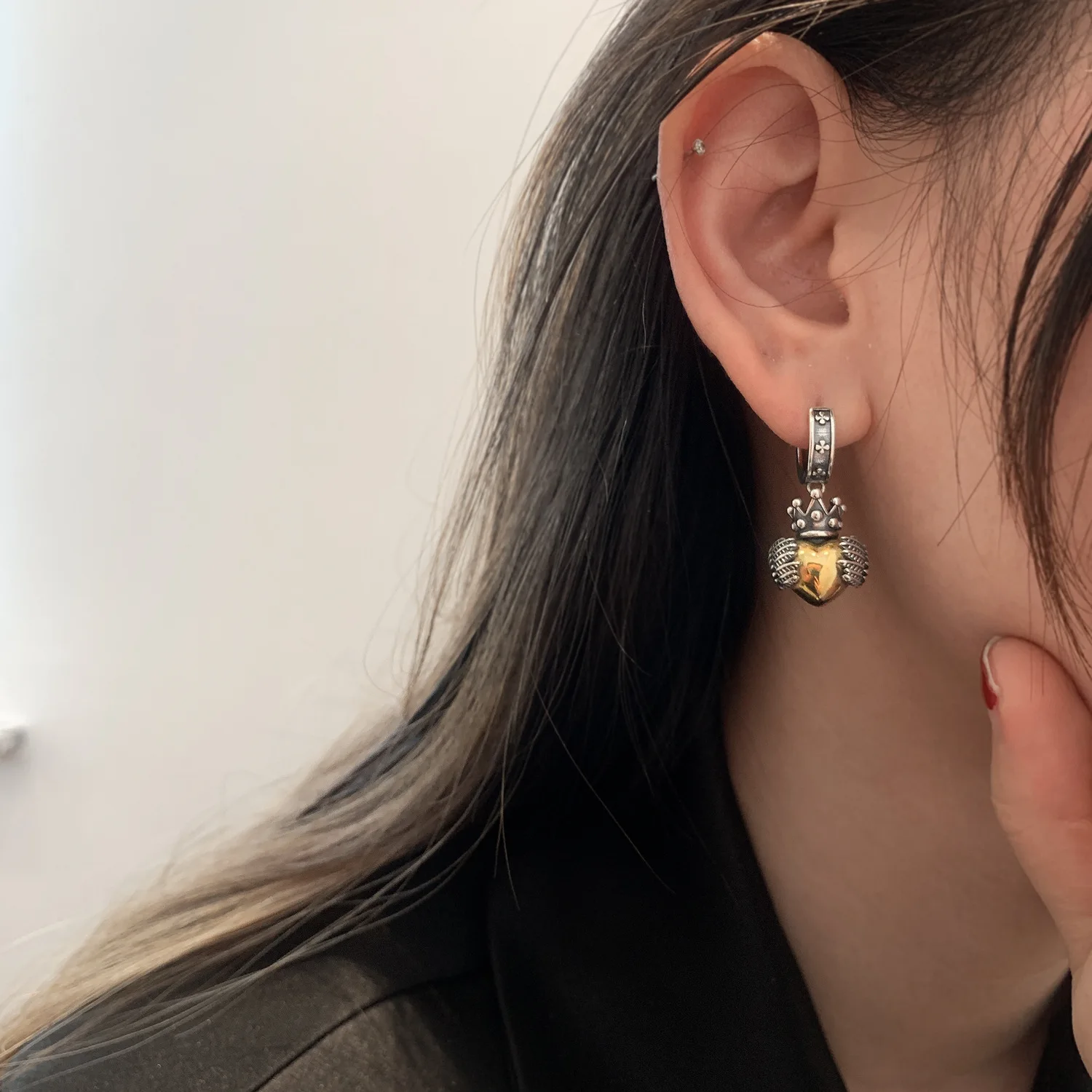 2023 New Arrival Romantic Love Heart Crown Wing Retro 925 Silver Needle Female Tassels Stud Earrings Jewelry No Allergic