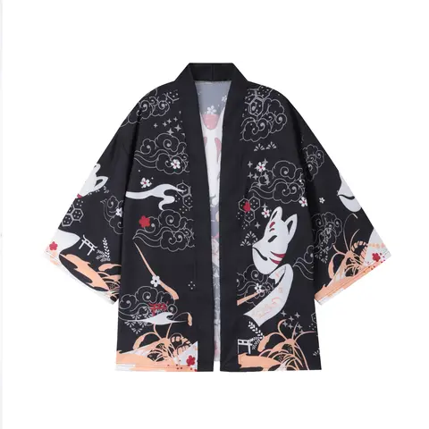 Camicia Kimono unisex Top Cardigan Kimono Maschera di volpe Camicia Hip Hop Uomo Cardigan leggero Kimono giapponese Ukiyoe Haori Yukata
