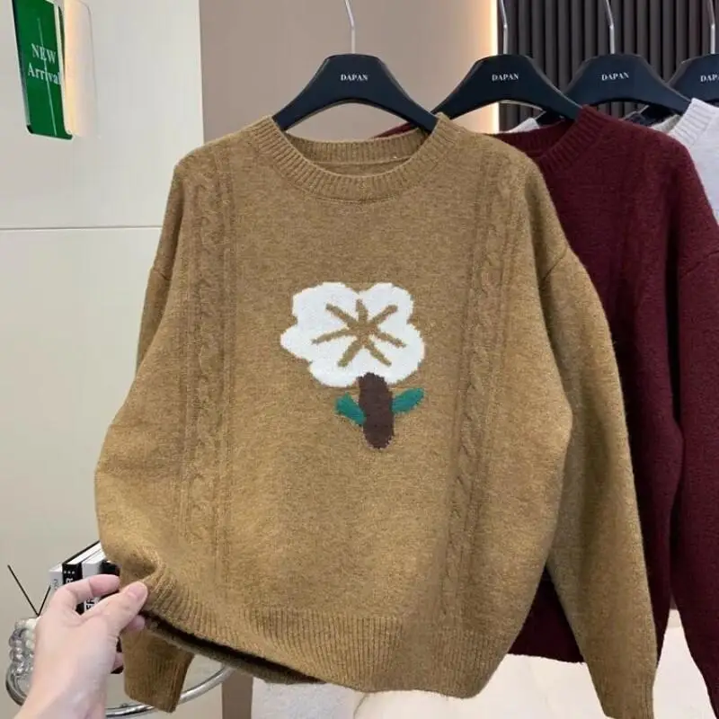 

Женский пуловер, свитер в студенческом стиле, осень-зима, свободный ленивый стиль, модные женские вязаные топы с длинными рукавами и цветочным принтом, мягкие вязаные топы