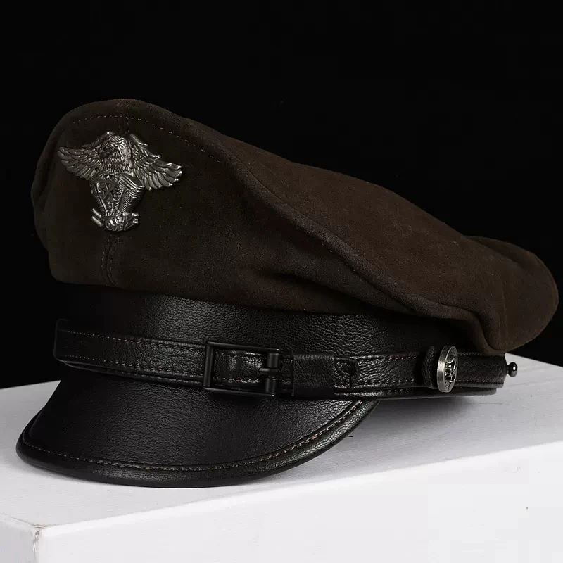 Men‘s Fashion Hat Winter Men Motorcycle Short Brim Flat Top Suede Leather Hat Patchwork German Military Marine Captain Gorra