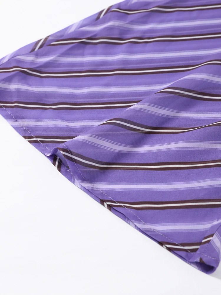 Gestreiftes, durchsichtiges Revers-Langarmhemd mit Hose für Damen – Sexy Bluse mit unregelmäßigem Saum und ausgestellter Hose – Schickes Damen-Set – Detail 8