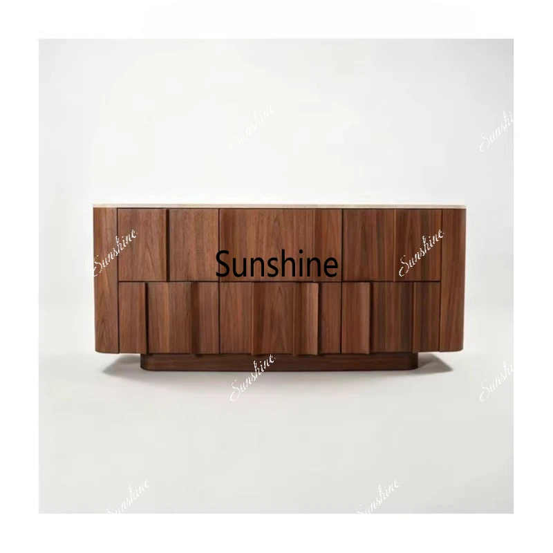 

Medieval style solid wood dining side cabinet, wabi-sabi wind entrance household travertine locker