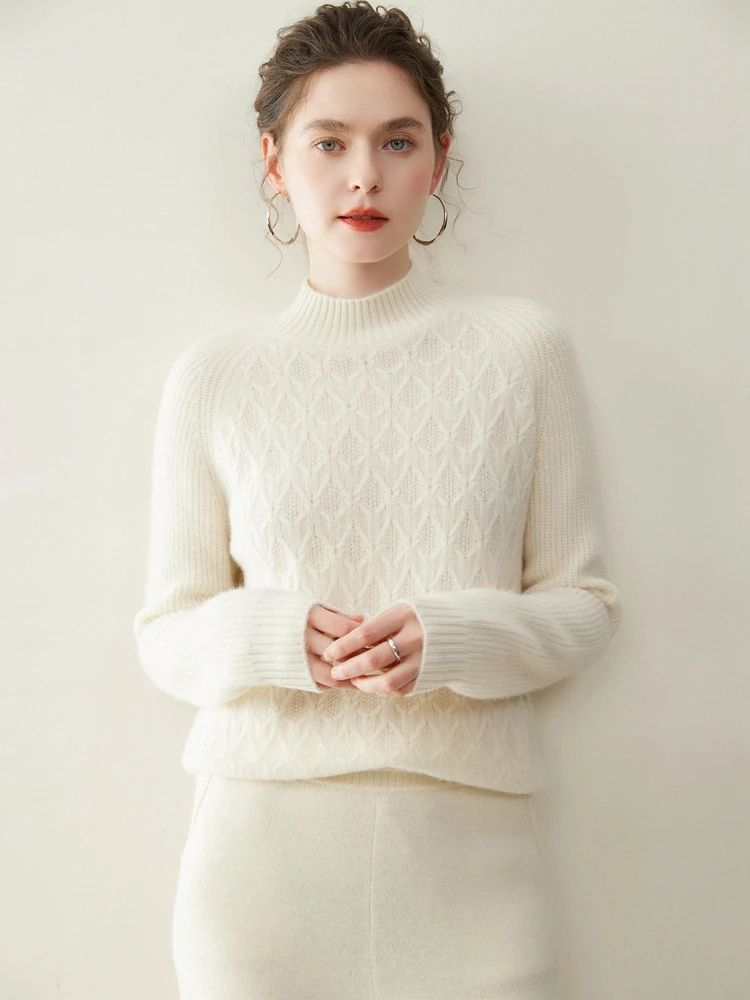 Thick Cable Stitch Autumn Winter Mock Neck Women's Soft Warm Long Sleeves Pullover Sweater 100% Cashmere Knitted Clothing Tops