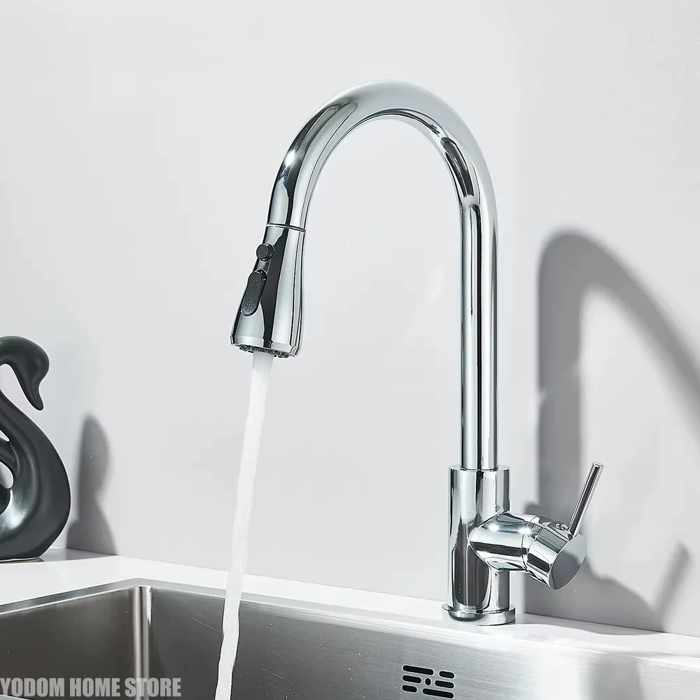 Chrome Kitchen Faucet Deck Mounted Pull Out Spout Kitchen Sink Mixer Tap Single Level Stream Sprayer Nozzle Mixer Tap