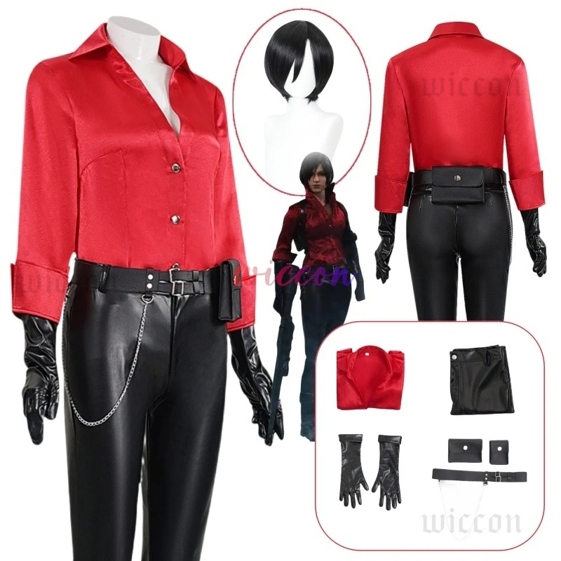 

New Ada Wong Cosplay Red Tops Costume Wig Game Biohazard6 Resident Roleplay Sexy Outfits Gloves Pants Halloween Party Suits